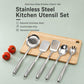 Stainless steel kitchen utensil set with slotted and solid spoons, skimmer, spatulas