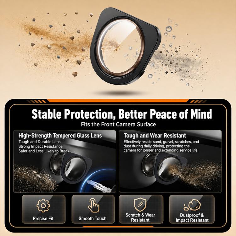 Black front camera lens protective cover with tempered glass, dust and splash guard