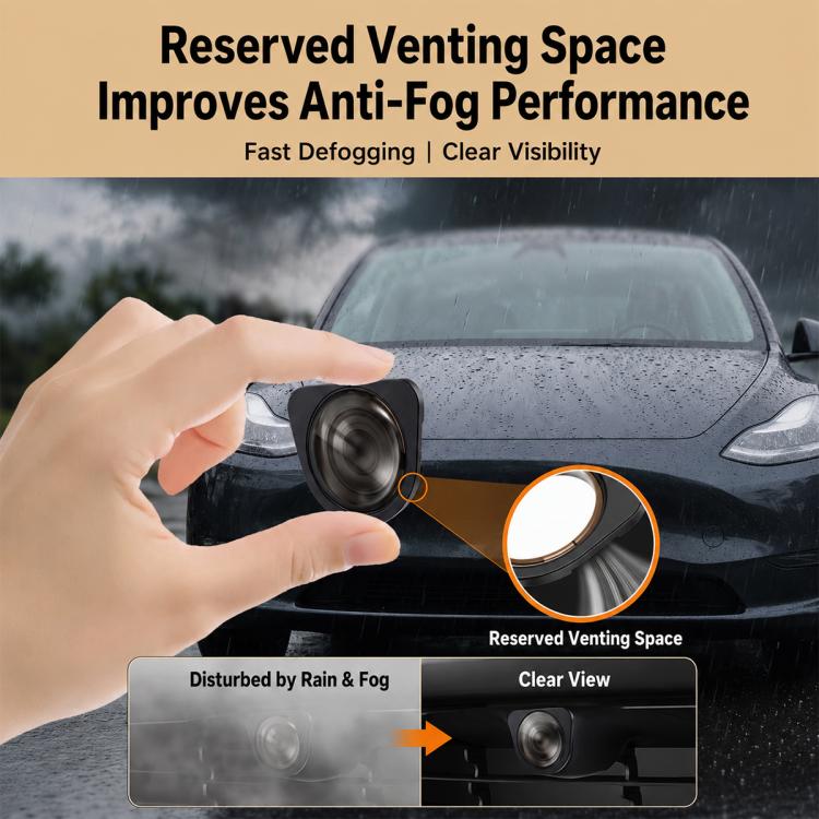 Front camera tempered glass lens protector installed on a car, anti-fog design