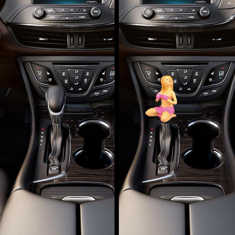Car manual gear shift knob with pink bikini figure topper shown from two angles