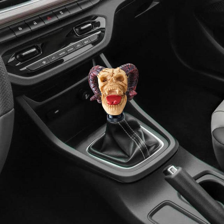 Ram skull gear shift knob with horned face, red tongue, black threaded base