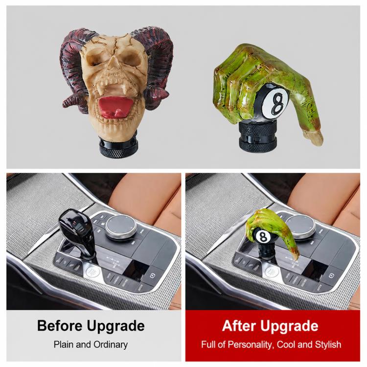 Ram skull and green 8-style gear shift knobs shown on car shifter area