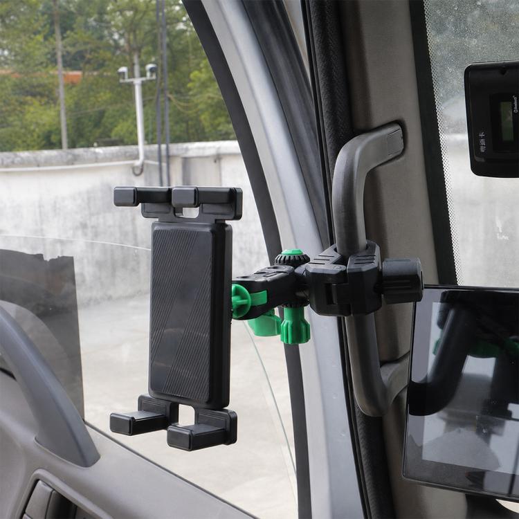 Grey truck phone holder with green silicone pads and anti-slip clamping arms