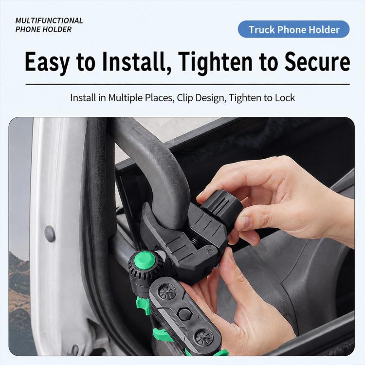 Grey truck phone holder with green locking knob, tightened by hand at the mount