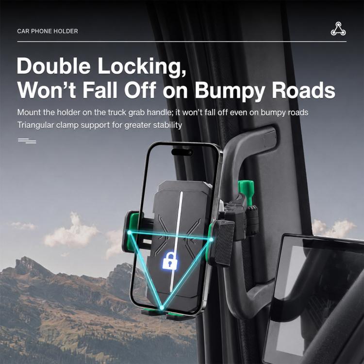 Grey truck phone holder with green anti-slip pads and secure locked clamp