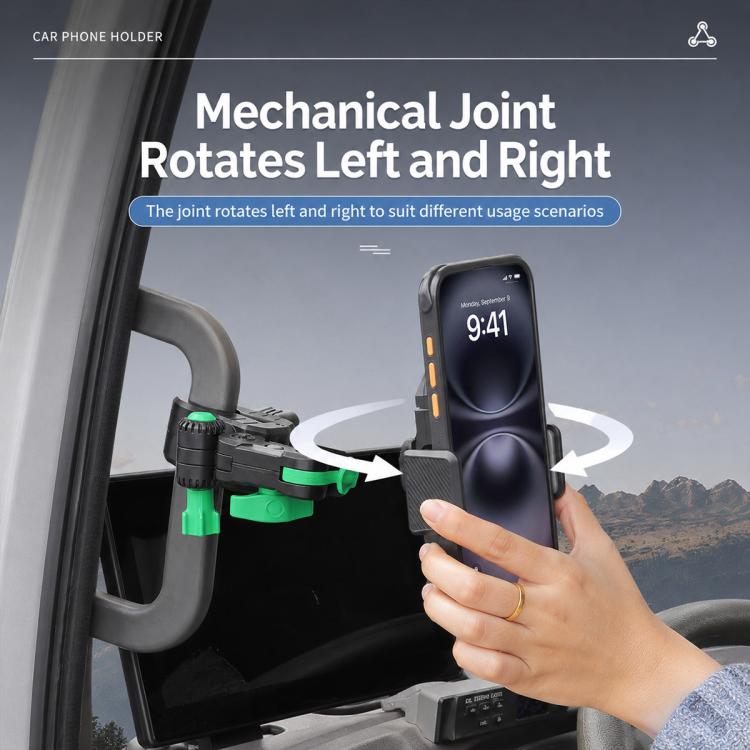 Grey truck phone holder with green base pads and swiveling joint for rotation
