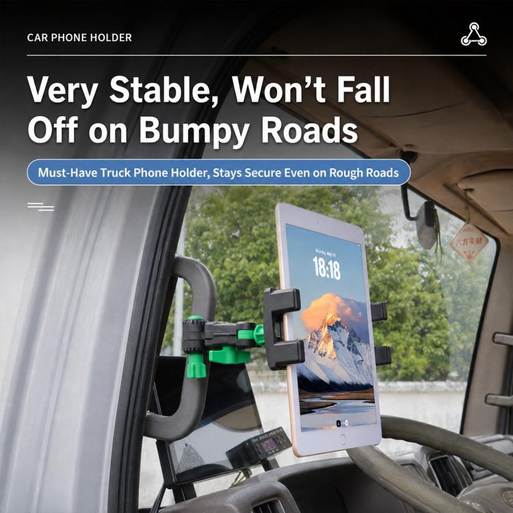 Anti-vibration truck phone holder with clamp, holding a smartphone in a vehicle