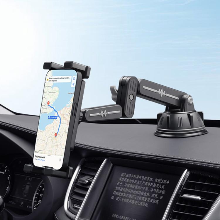 Car dashboard phone and tablet suction holder with short arms, holding a smartphone and tablet