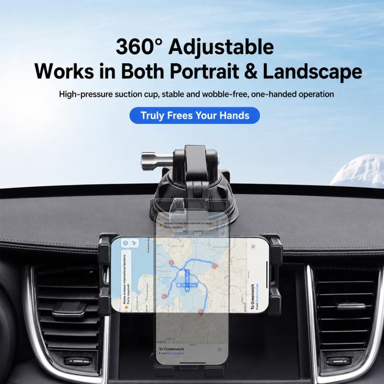 Car windshield suction mount holding a smartphone on a dual-arm holder