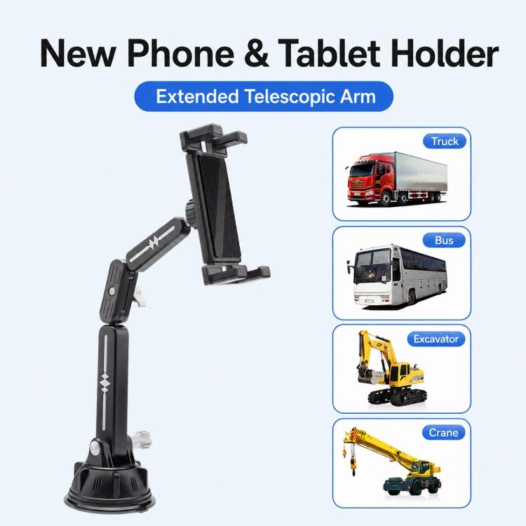 Car phone and tablet holder with extended telescopic arm and suction base
