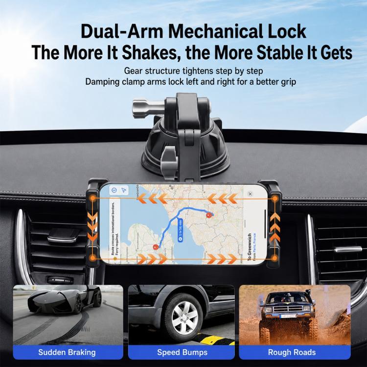 Car dashboard phone holder with dual-arm clamp and suction base, gripping a smartphone