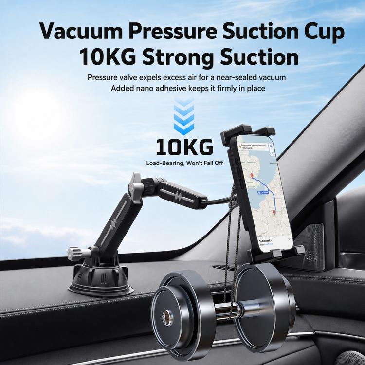 Car suction holder with phone clamp and strong suction cup base on dashboard