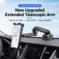 Car dashboard phone holder with extended telescopic arm, holding a smartphone