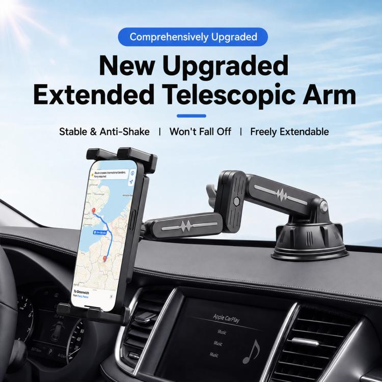 Car dashboard phone holder with extended telescopic arm, holding a smartphone