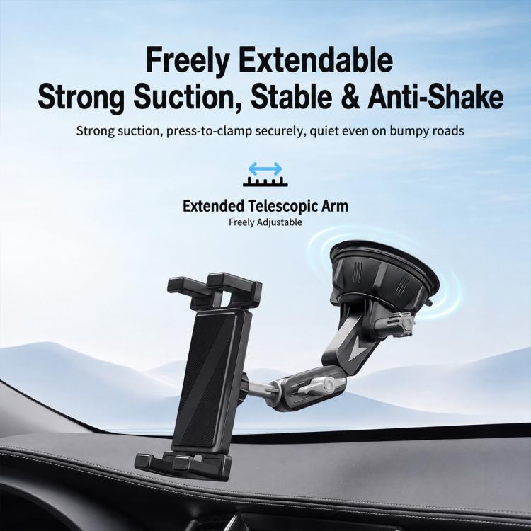 Car dashboard suction holder with freely extendable telescopic arm and phone clamp