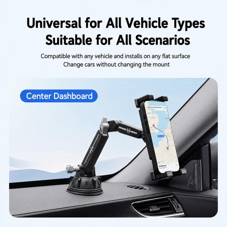 Car dashboard suction mount with adjustable arm for smartphone or tablet