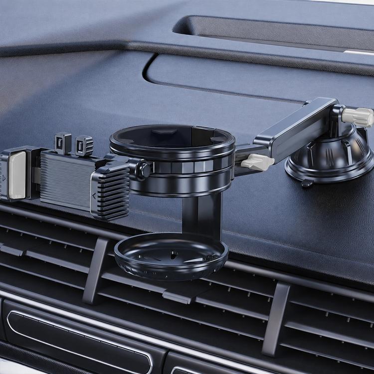 Car dashboard phone and cup holder with black suction mount and extension rod