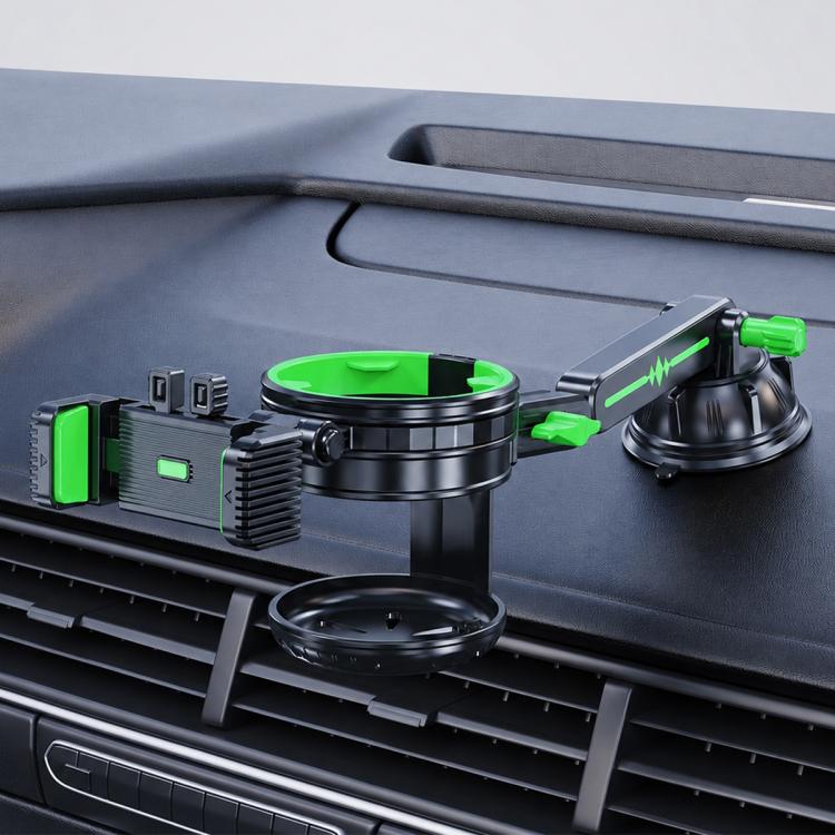Car dashboard phone and cup holder in black with green accents and suction base