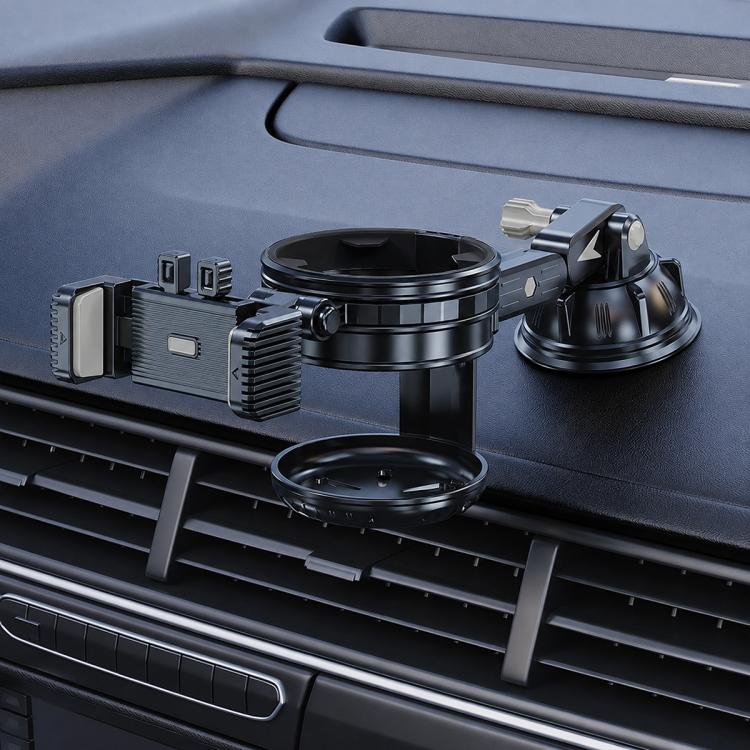 Car dashboard phone and cup holder with black cradle, suction cup, and support arm