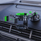 Car dashboard phone and cup holder with green details, black cup base, and suction mount