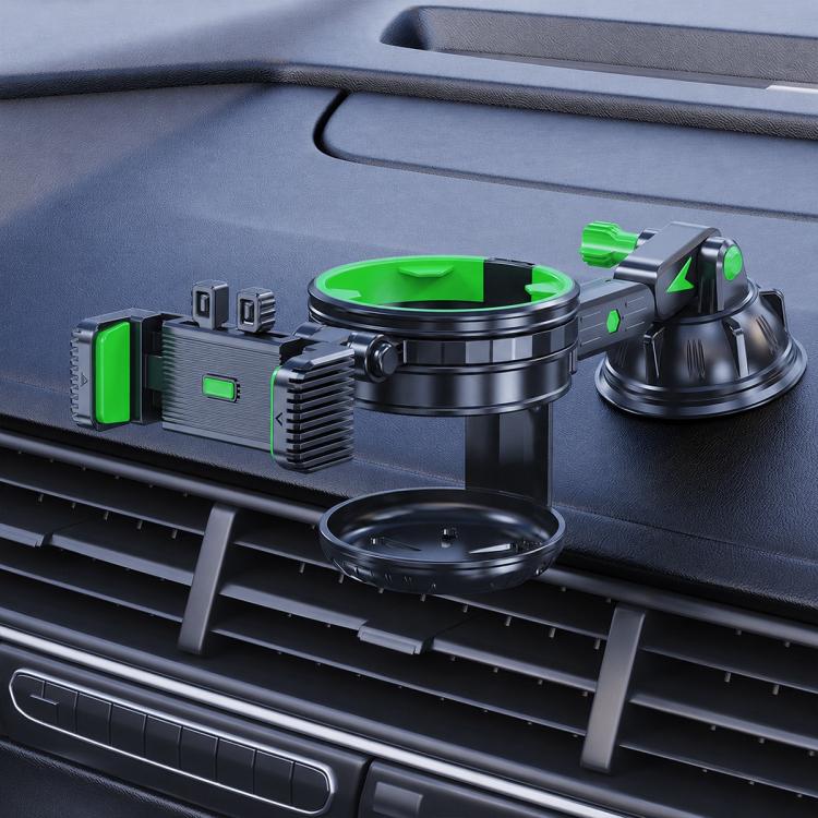 Car dashboard phone and cup holder with green details, black cup base, and suction mount