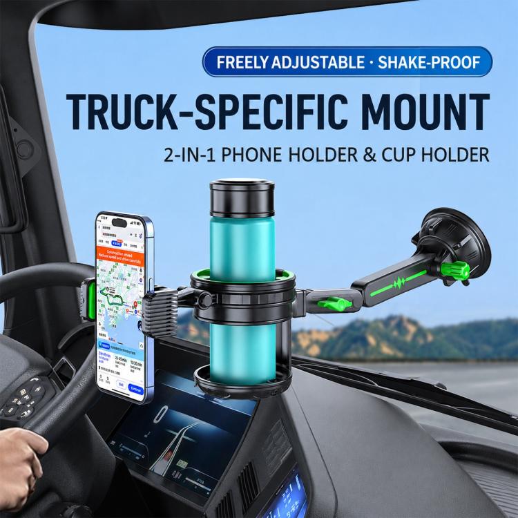 Truck-specific phone holder and cup holder set with black mount and teal bottle cup