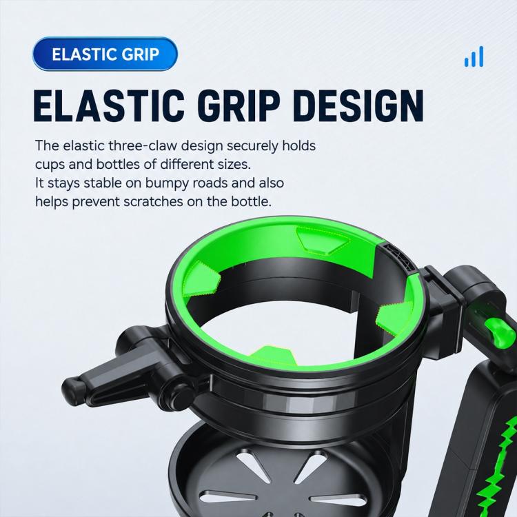 Car phone holder cradle with elastic grip, black frame, and green ring detail