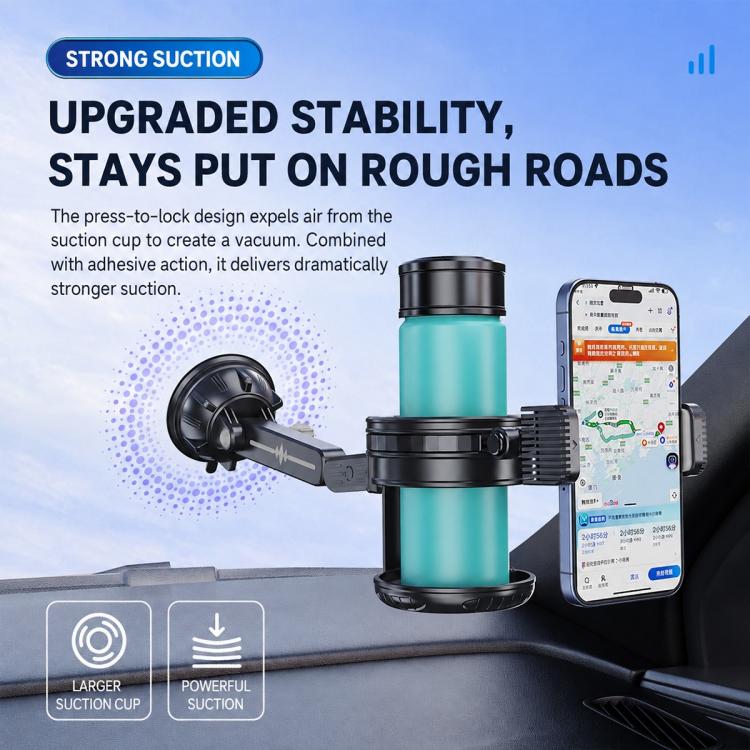 Car suction-mounted phone and cup holder with black arms and teal bottle cup