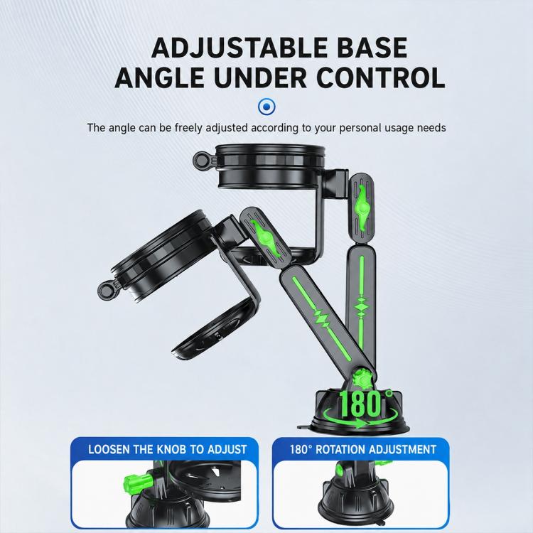 Adjustable car phone and cup holder base with black mount and green control accents