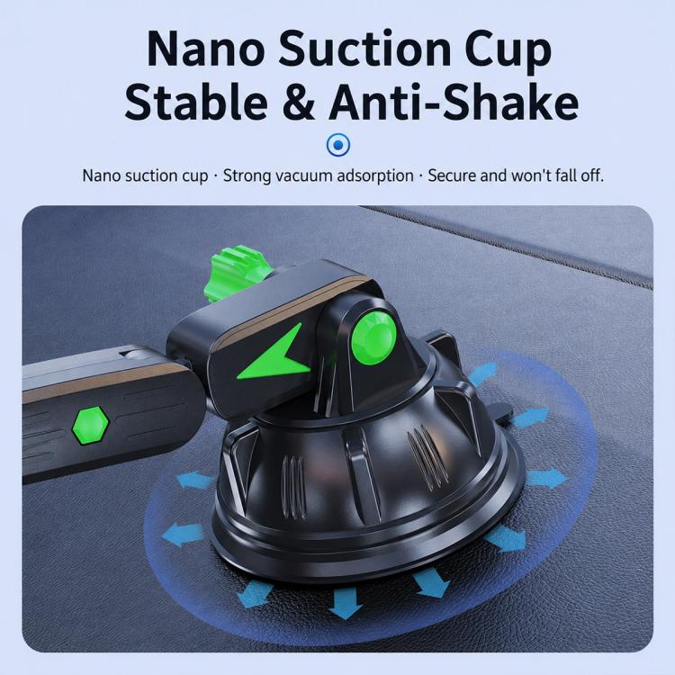 Black suction-cup car phone holder with anti-shake grip and green indicator accents