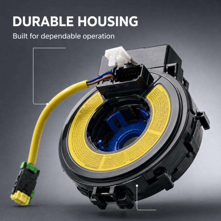Steering wheel airbag clock spring spiral cable with yellow label, blue core, and wire harness