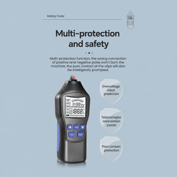 Handheld battery tester with safety protection indicators on the screen