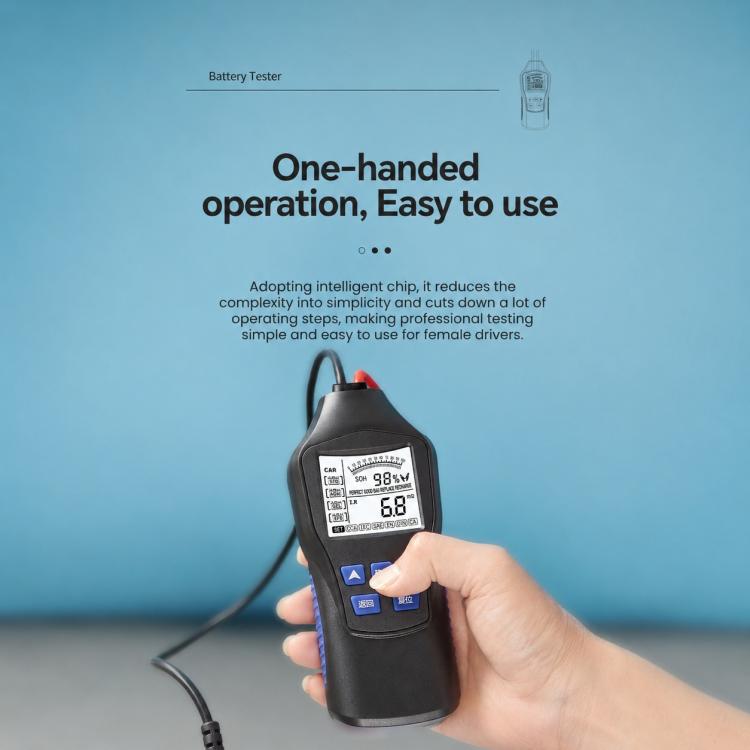 Handheld battery tester with one-handed operation and screen readout