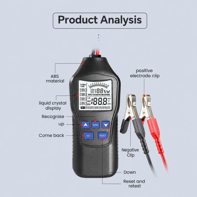 Battery tester with ABS body, LCD screen, and positive/negative electrode clips
