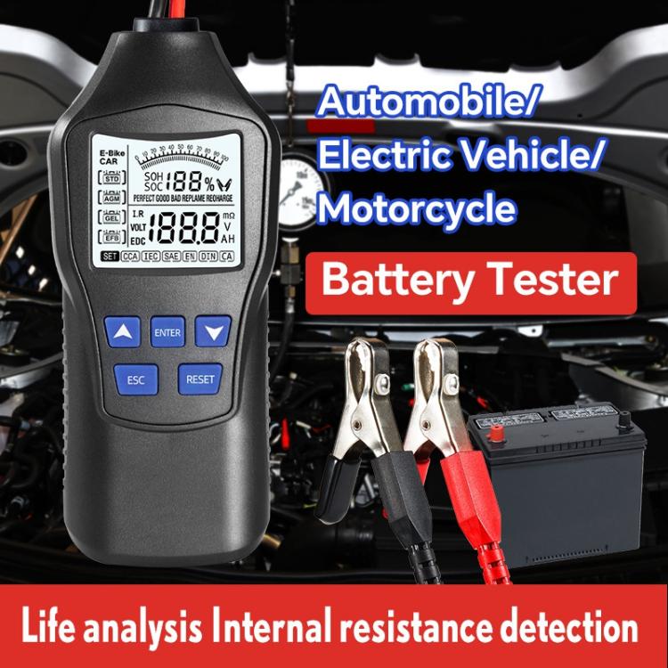 Handheld battery tester with LCD screen and red/black clamp leads