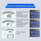 Electric vehicle battery setup infographic showing tester buttons and screen steps.