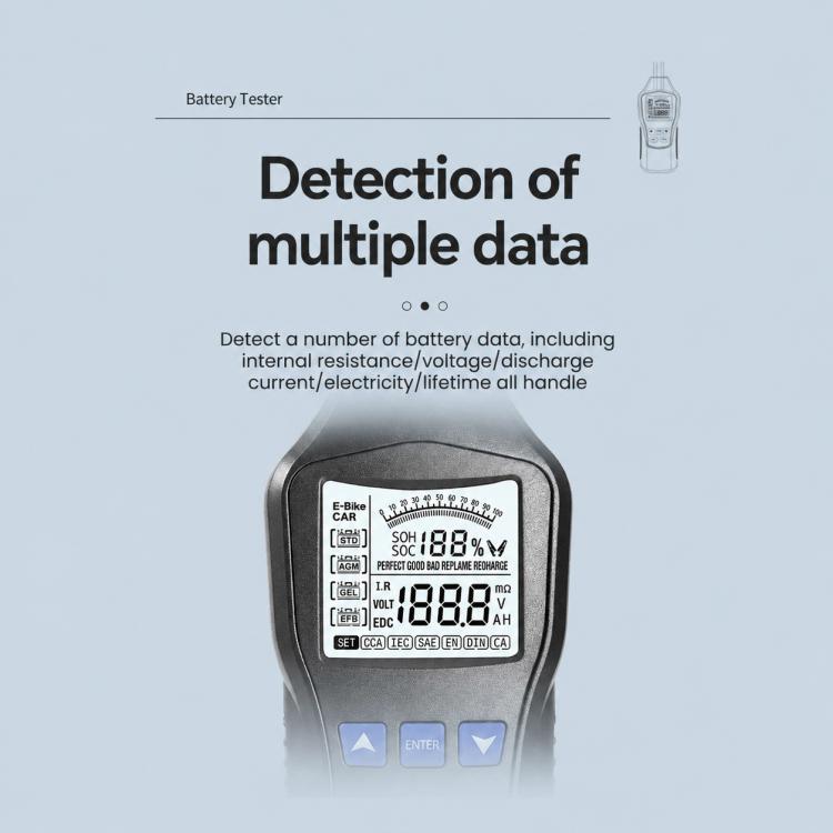 Handheld battery tester display reading multiple battery data and percentages