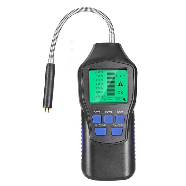 Digital brake fluid tester with black body, flexible probe, and LCD moisture display
