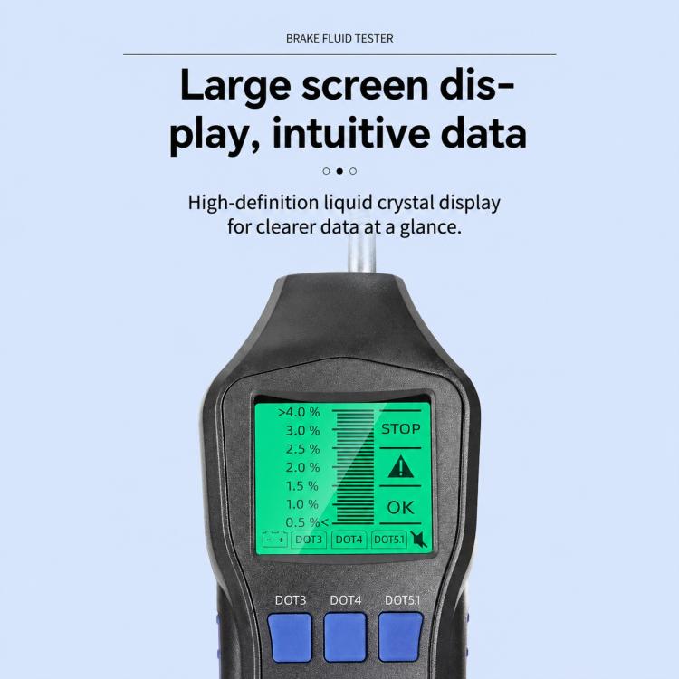 Digital brake fluid tester with backlit green LCD indicator bars and STOP/OK marks