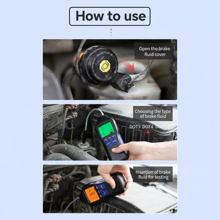 Brake fluid tester in use near an engine compartment, showing LCD reading