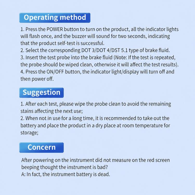 Brake fluid tester operating method and concern guidance text close-up