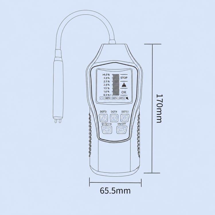 Brake fluid tester outline with gooseneck probe and size dimensions