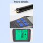Brake fluid tester close-ups of probe tip, blue buttons, and green LCD screen