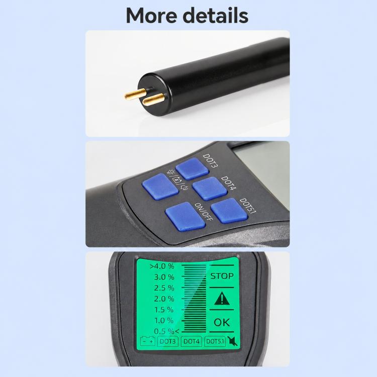 Brake fluid tester close-ups of probe tip, blue buttons, and green LCD screen