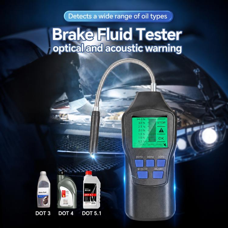 Digital brake fluid tester with LCD display showing OK/STOP and attached flexible probe
