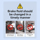 Brake fluid replacement warning infographic with caution icon and car braking scenarios