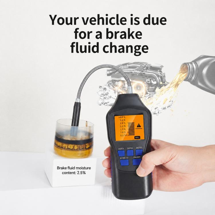 Digital brake fluid tester with orange LCD display and flexible probe near sample cup, hand held