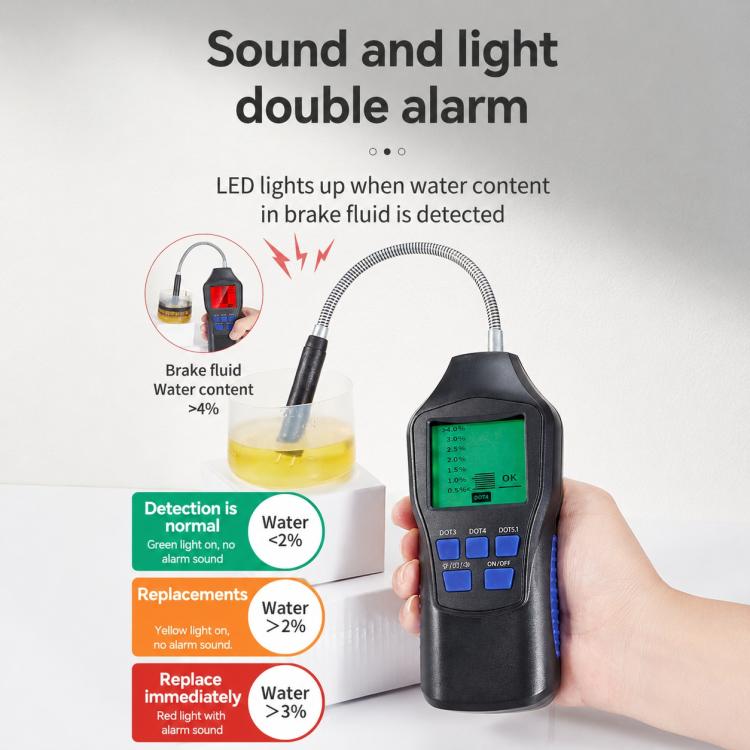 Digital brake fluid tester with green LCD display and flexible probe, double alarm indication
