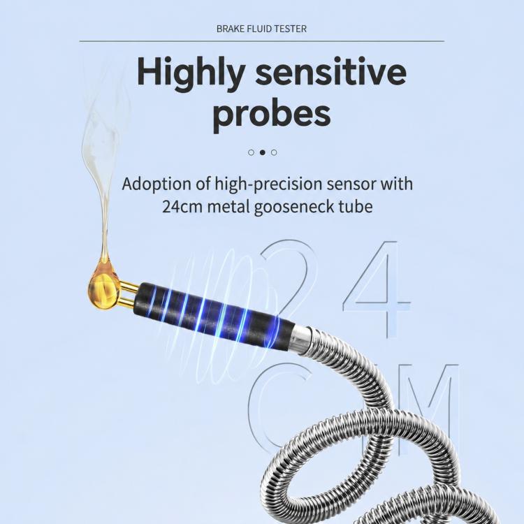Brake fluid tester probe assembly with gooseneck metal tube and sensor cable