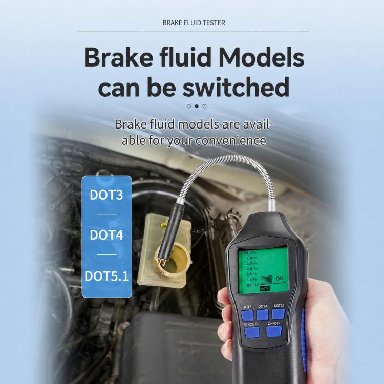 Digital brake fluid tester held near engine bay with selectable DOT model panel